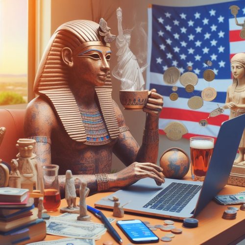 Ancient Egyptian using a laptop computer